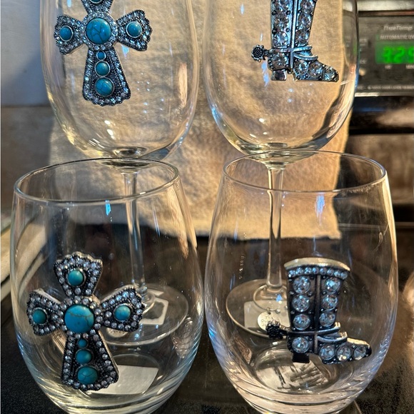 Queens’ Jewels Turquoise Cross Cowboy Boot Jeweled Stemless & Stemmed glasses - Picture 11 of 11